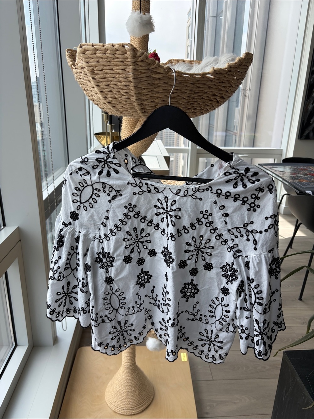 Zara White Blouse with Black Embroidered Floral Pattern